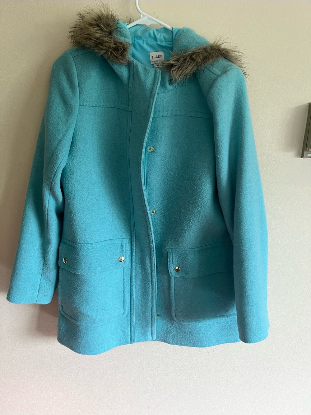 J. Crew Aqua Wool-Blend Hooded Parka Coat with Faux Fur Trim